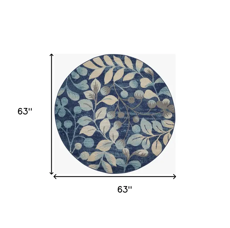 5' Navy Blue and Beige Botanical Leaves Round Rug