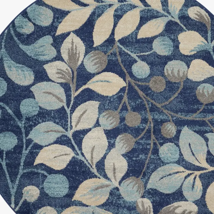 5' Navy Blue and Beige Botanical Leaves Round Rug