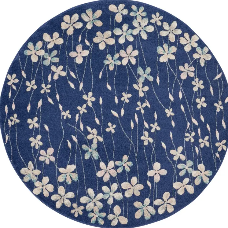 5' Navy Blue and Ivory Floral Round Rug