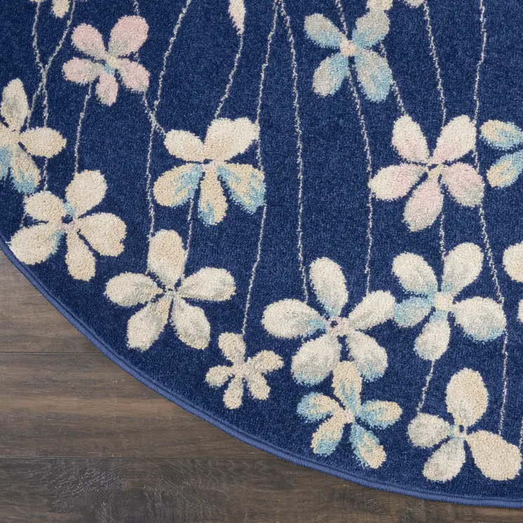 5' Navy Blue and Ivory Floral Round Rug