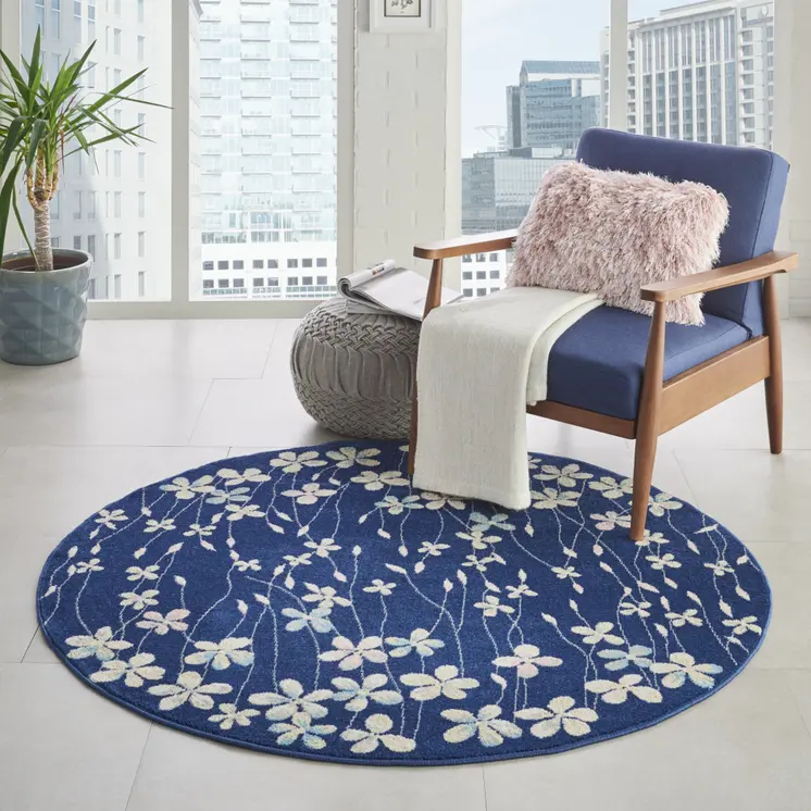 5' Navy Blue and Ivory Floral Round Rug