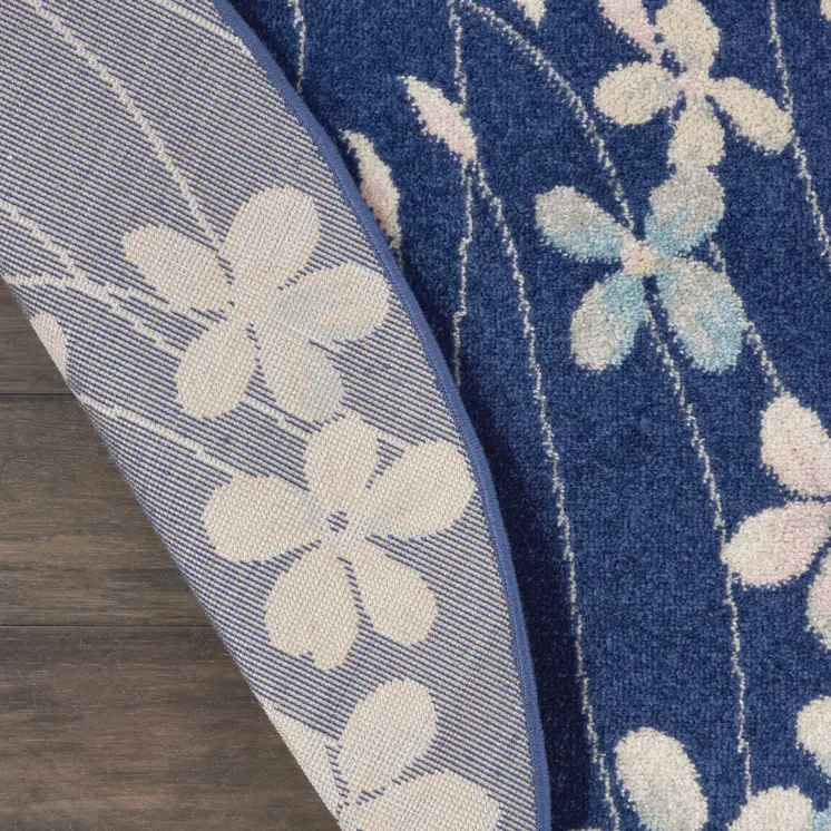 5' Navy Blue and Ivory Floral Round Rug