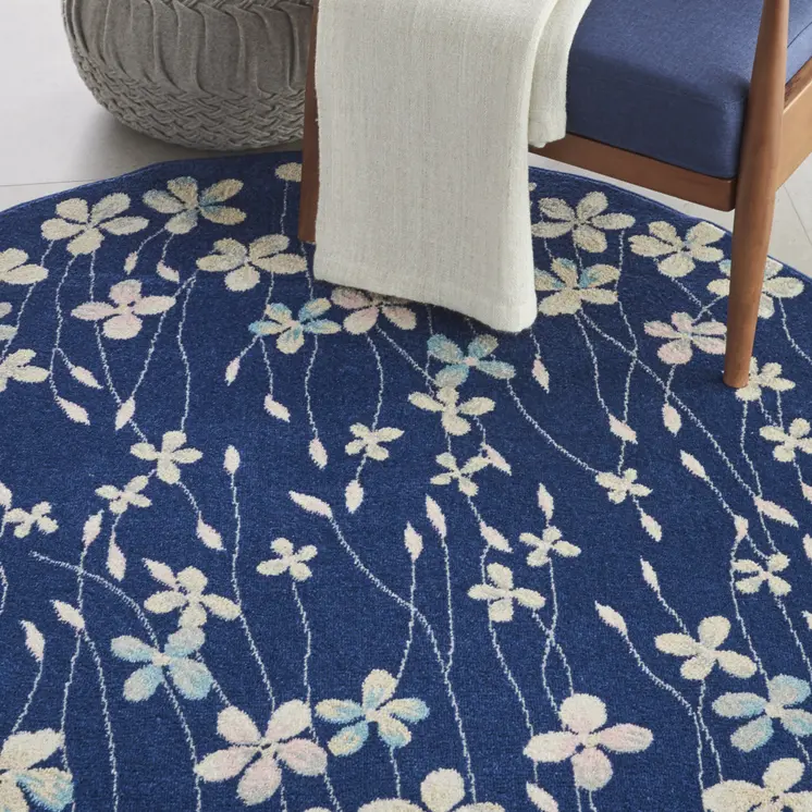 5' Navy Blue and Ivory Floral Round Rug
