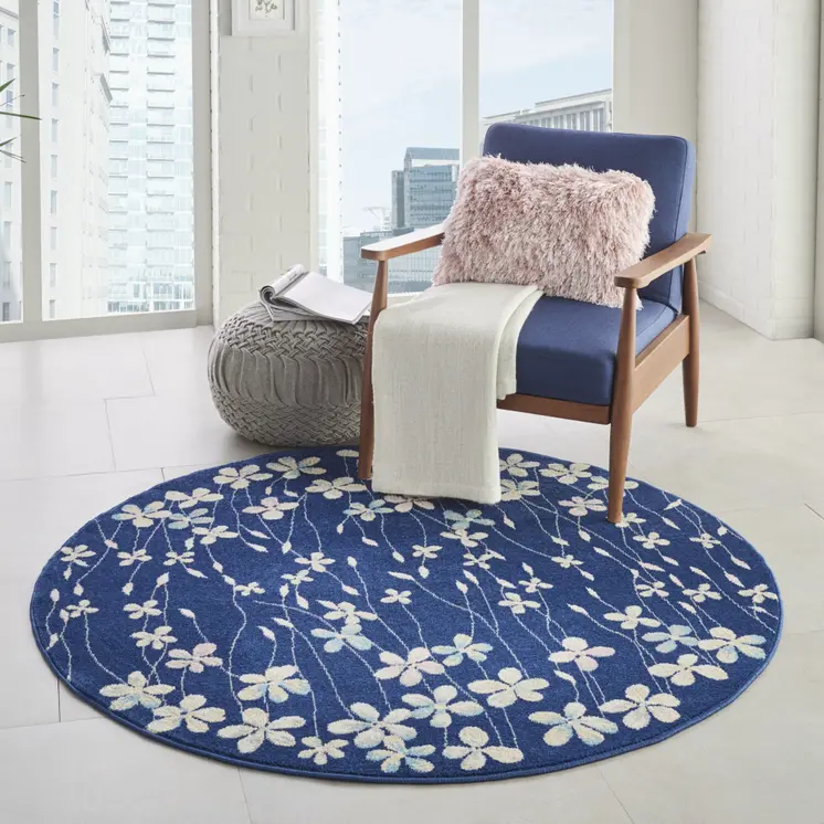 5' Navy Blue and Ivory Floral Round Rug