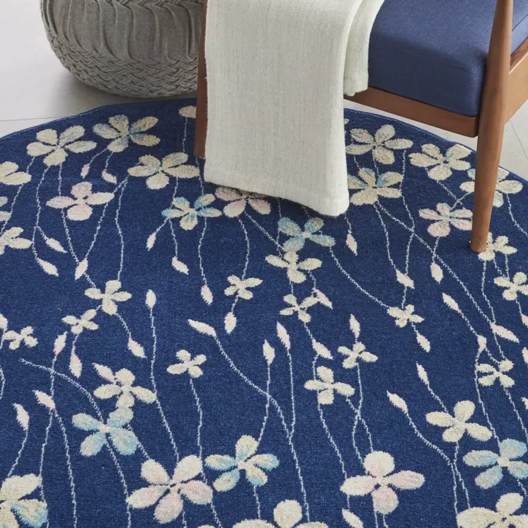 5' Navy Blue and Ivory Floral Round Rug