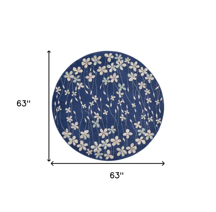 5' Navy Blue and Ivory Floral Round Rug