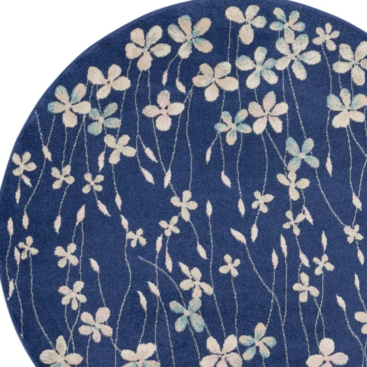 5' Navy Blue and Ivory Floral Round Rug