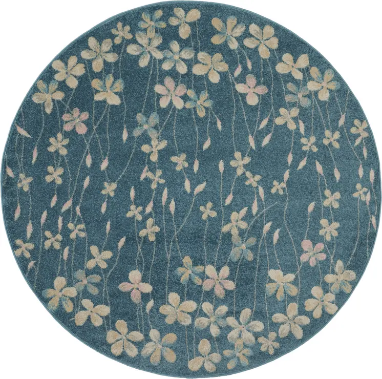 5' Turquoise and Cream Botanical Leaves Round Rug