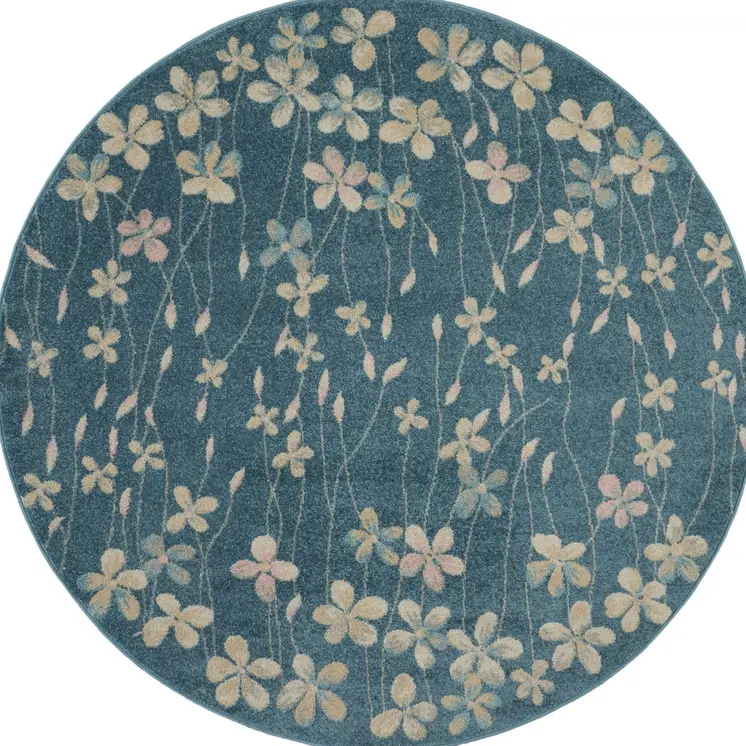 5' Turquoise and Cream Botanical Leaves Round Rug