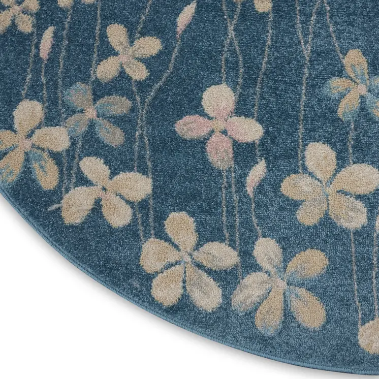 5' Turquoise and Cream Botanical Leaves Round Rug