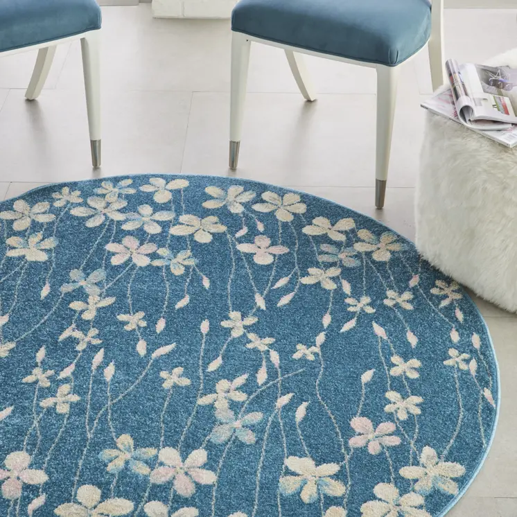 5' Turquoise and Cream Botanical Leaves Round Rug
