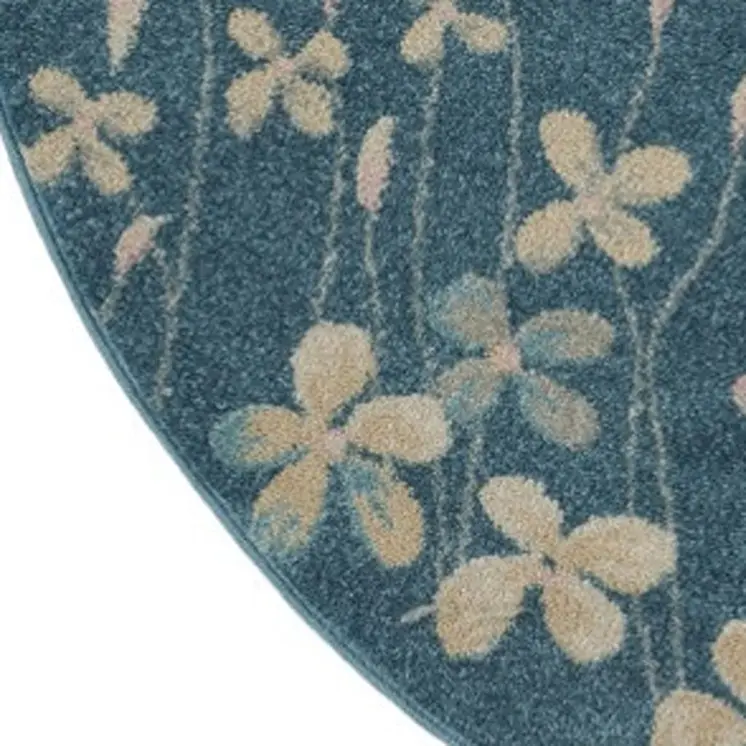 5' Turquoise and Cream Botanical Leaves Round Rug