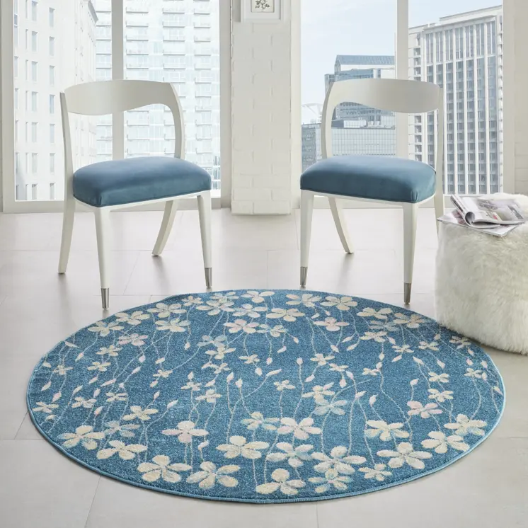 5' Turquoise and Cream Botanical Leaves Round Rug