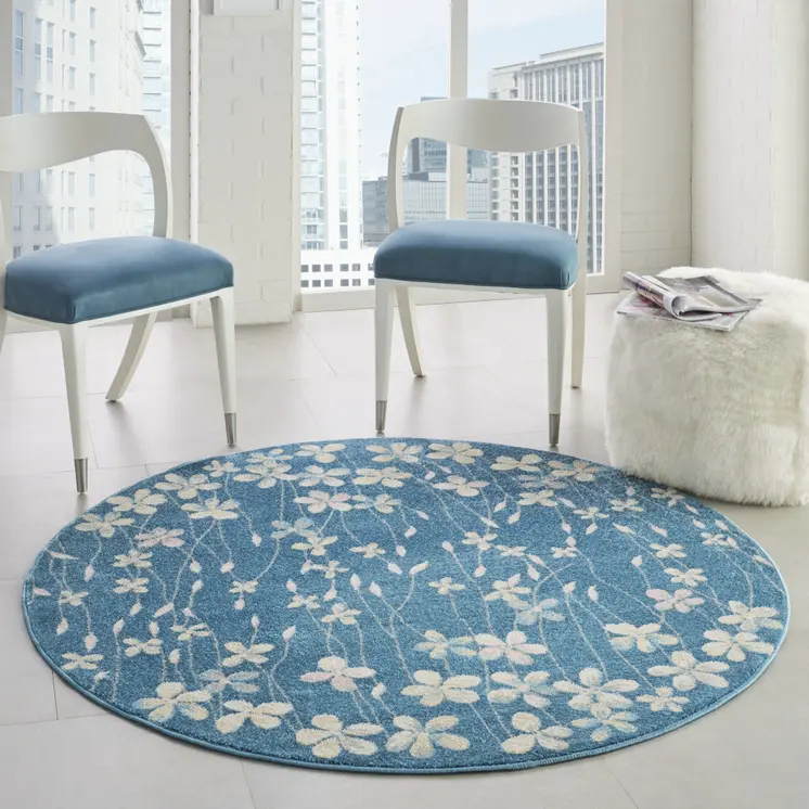 5' Turquoise and Cream Botanical Leaves Round Rug