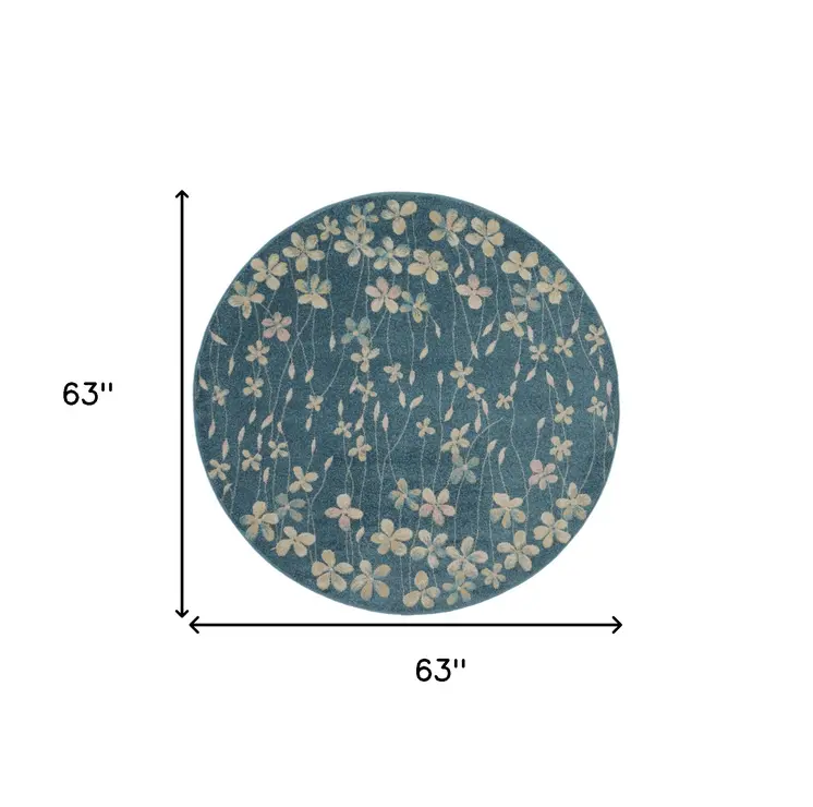 5' Turquoise and Cream Botanical Leaves Round Rug