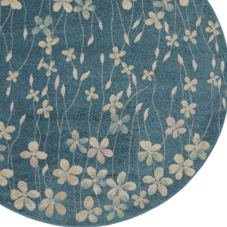 5' Turquoise and Cream Botanical Leaves Round Rug
