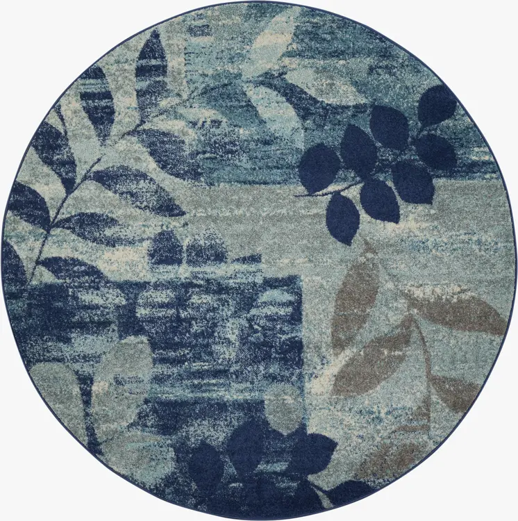 5' Navy Blue Light Blue and Gray Botanical Leaves Round Rug