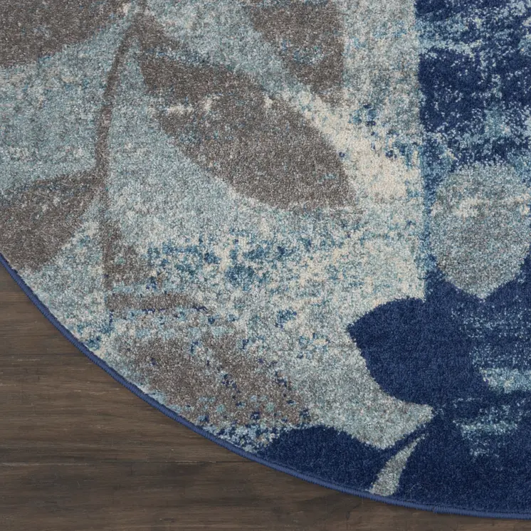 5' Navy Blue Light Blue and Gray Botanical Leaves Round Rug