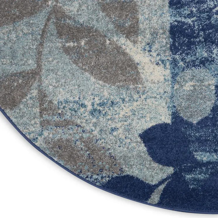 5' Navy Blue Light Blue and Gray Botanical Leaves Round Rug