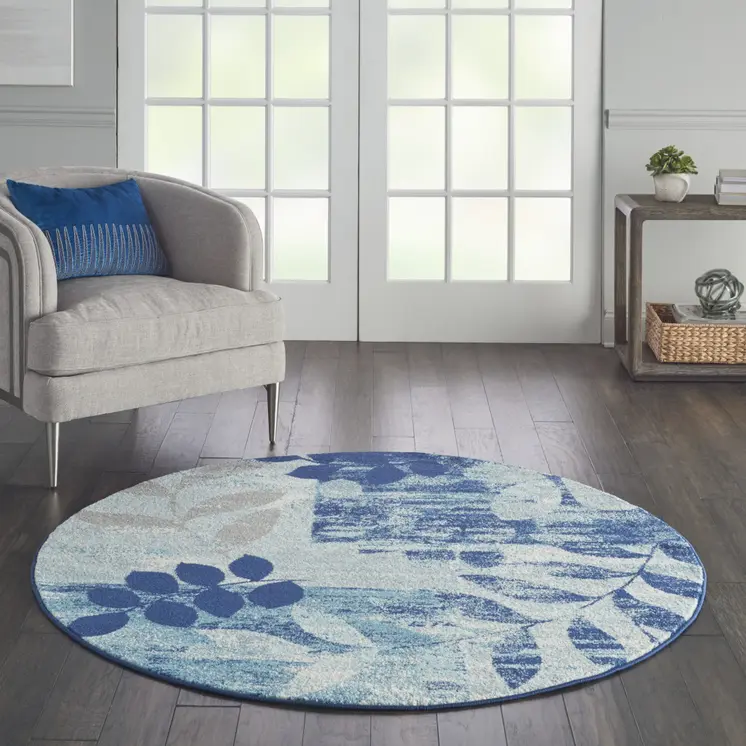 5' Navy Blue Light Blue and Gray Botanical Leaves Round Rug
