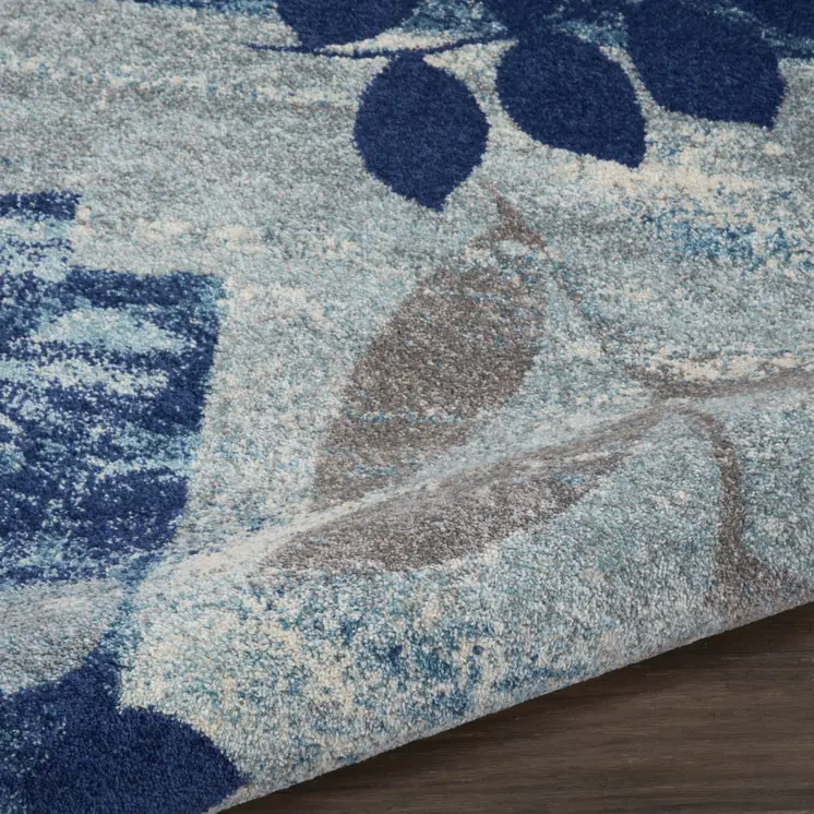 5' Navy Blue Light Blue and Gray Botanical Leaves Round Rug