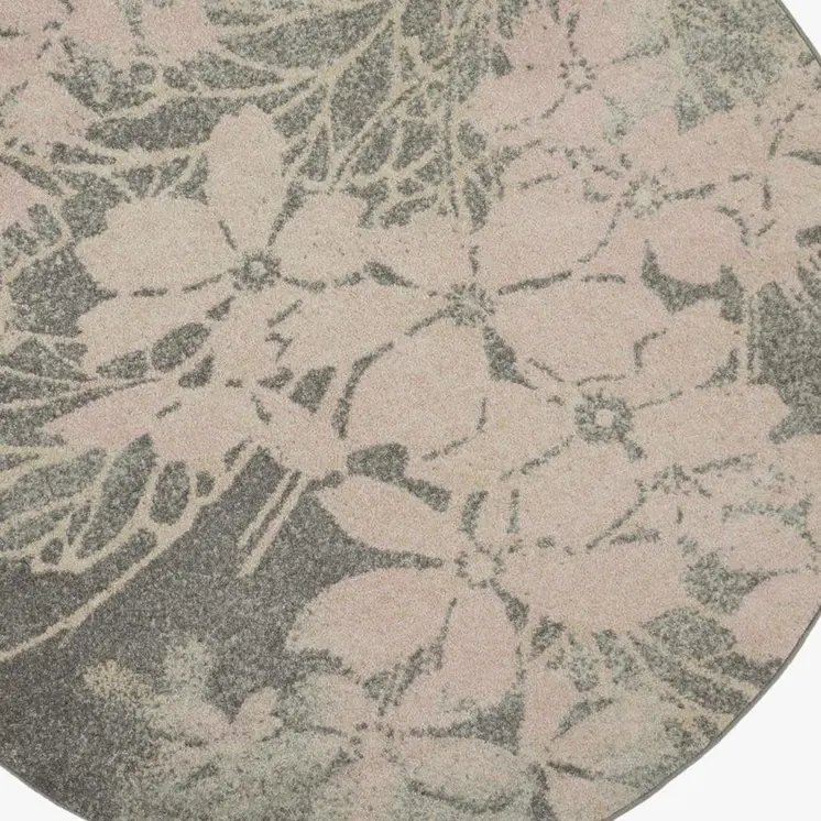 5' Navy Blue Light Blue and Gray Botanical Leaves Round Rug
