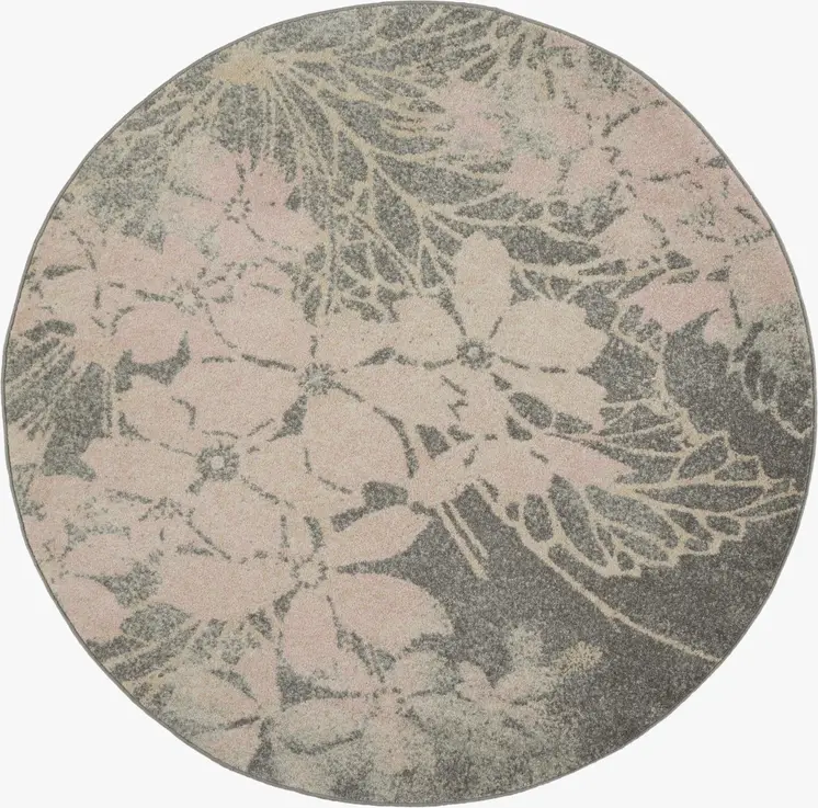 5' Navy Blue Light Blue and Gray Botanical Leaves Round Rug