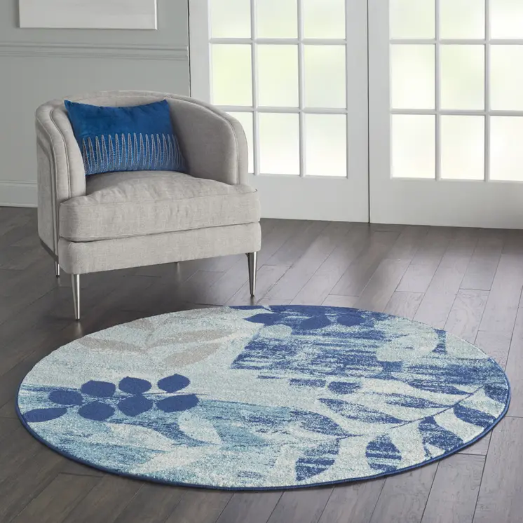 5' Navy Blue Light Blue and Gray Botanical Leaves Round Rug