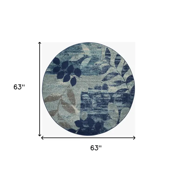 5' Navy Blue Light Blue and Gray Botanical Leaves Round Rug