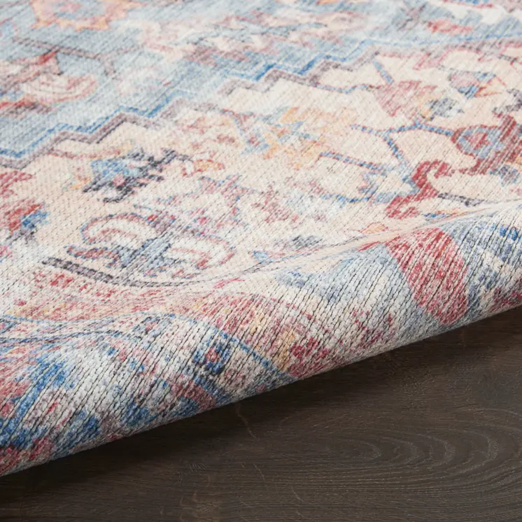 5' Blue and Purple Round Floral Power Loom Distressed Area Rug