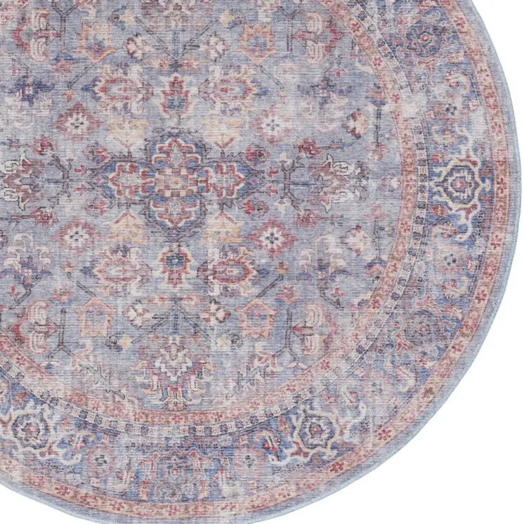 5' Blue and Purple Round Floral Power Loom Distressed Area Rug