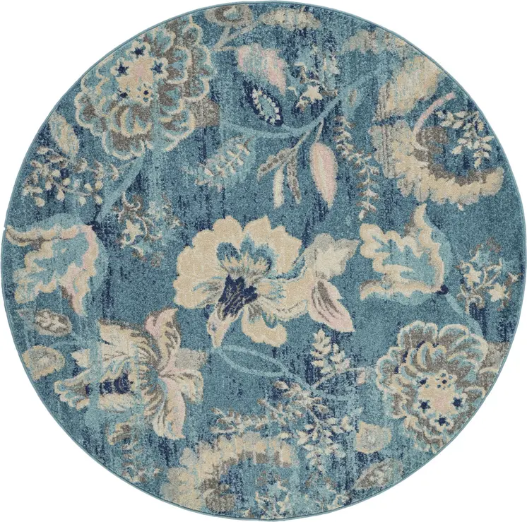 5' Turquoise Cream and Navy Blue Floral Distressed Round Rug