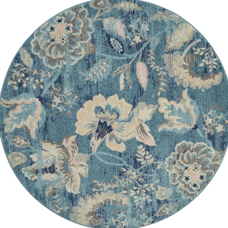 5' Turquoise Cream and Navy Blue Floral Distressed Round Rug
