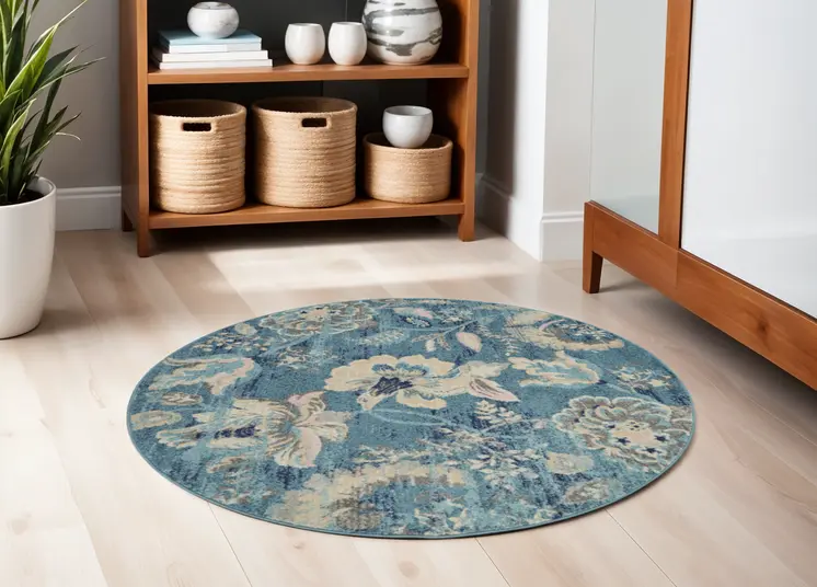 5' Turquoise Cream and Navy Blue Floral Distressed Round Rug