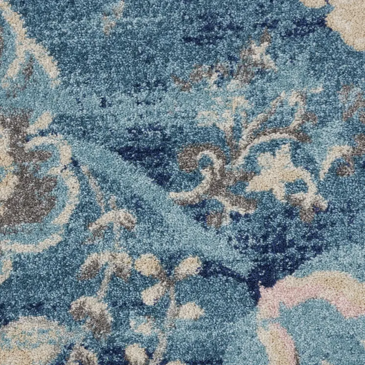 5' Turquoise Cream and Navy Blue Floral Distressed Round Rug