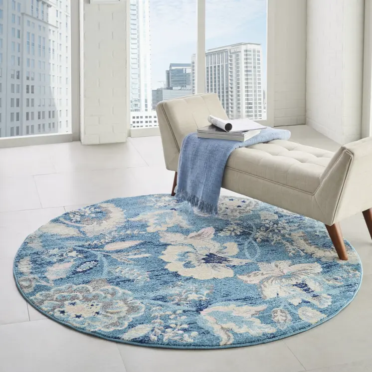5' Turquoise Cream and Navy Blue Floral Distressed Round Rug