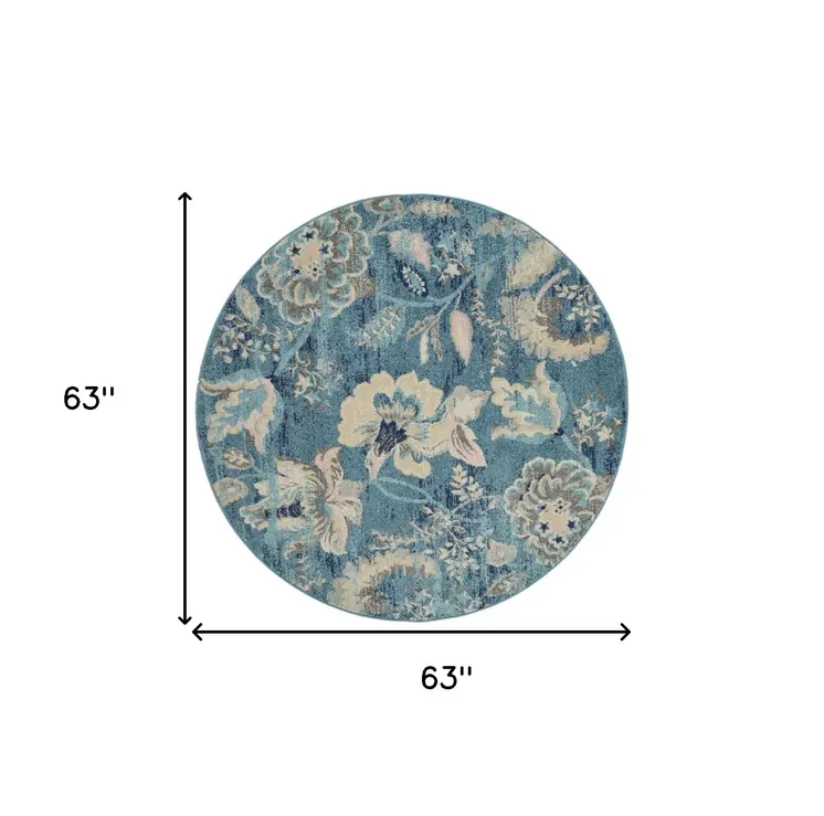 5' Turquoise Cream and Navy Blue Floral Distressed Round Rug