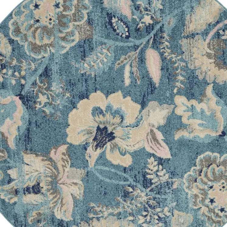 5' Turquoise Cream and Navy Blue Floral Distressed Round Rug