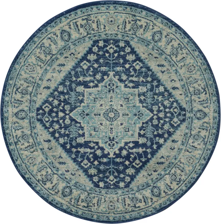 5' Ivory And Navy Blue Floral Medallion Distressed Round Rug