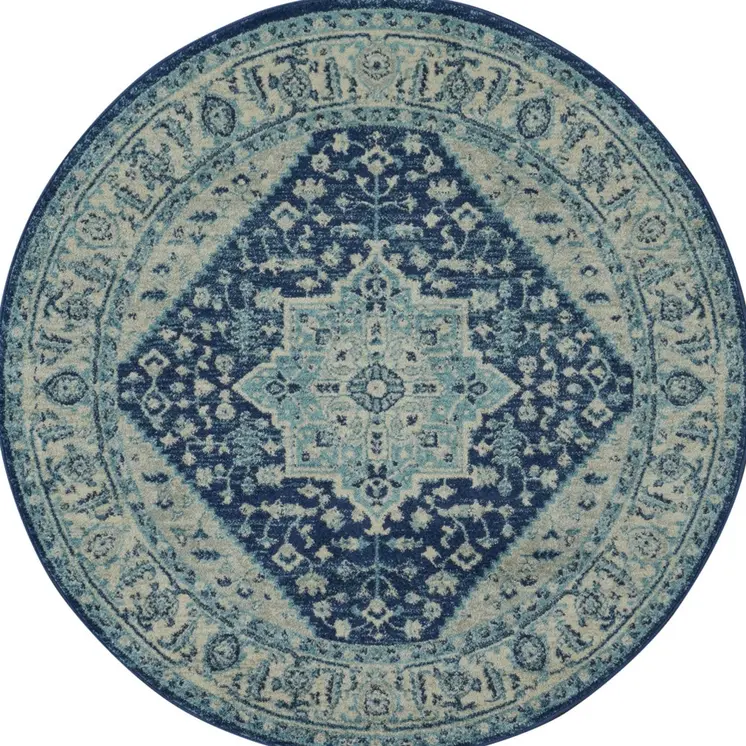 5' Ivory And Navy Blue Floral Medallion Distressed Round Rug