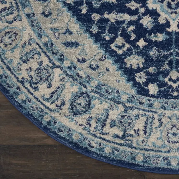 5' Ivory And Navy Blue Floral Medallion Distressed Round Rug