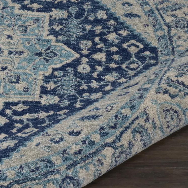 5' Ivory And Navy Blue Floral Medallion Distressed Round Rug