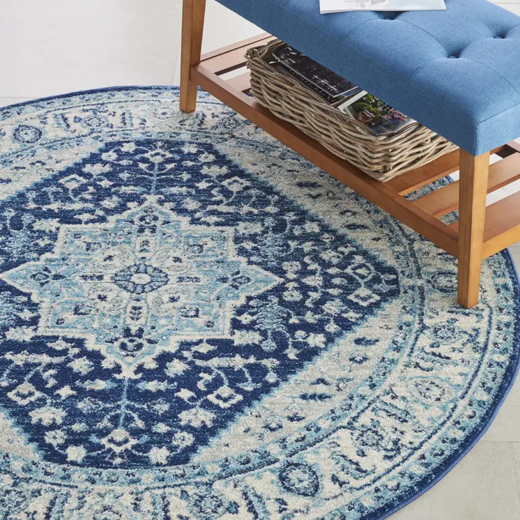 5' Ivory And Navy Blue Floral Medallion Distressed Round Rug