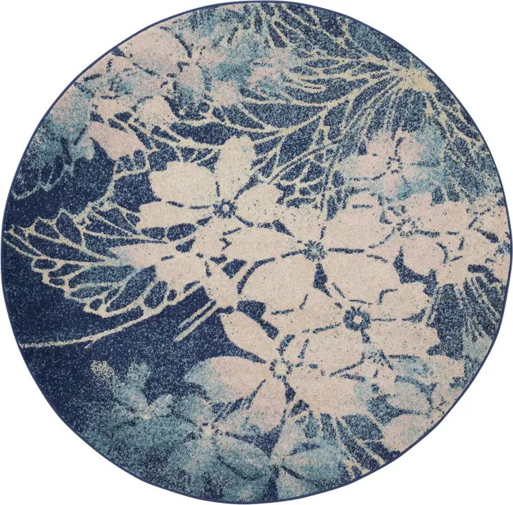 5' Navy Blue and Ivory Floral Round Rug