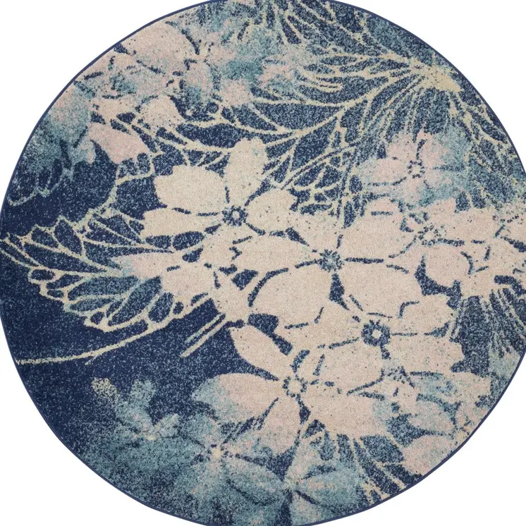 5' Navy Blue and Ivory Floral Round Rug