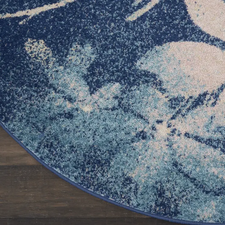 5' Navy Blue and Ivory Floral Round Rug