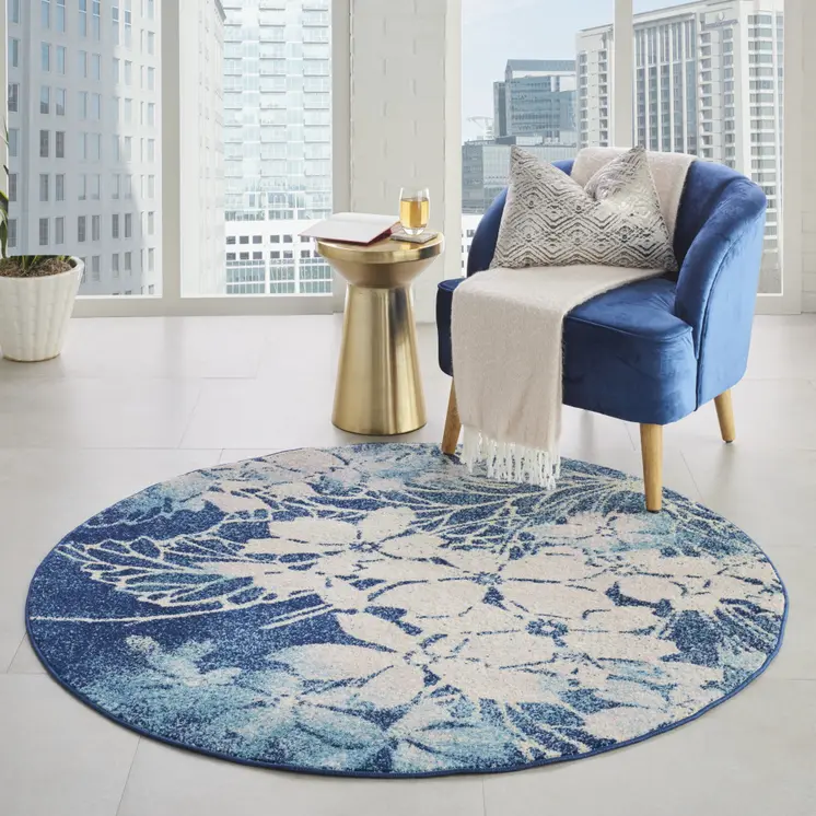 5' Navy Blue and Ivory Floral Round Rug