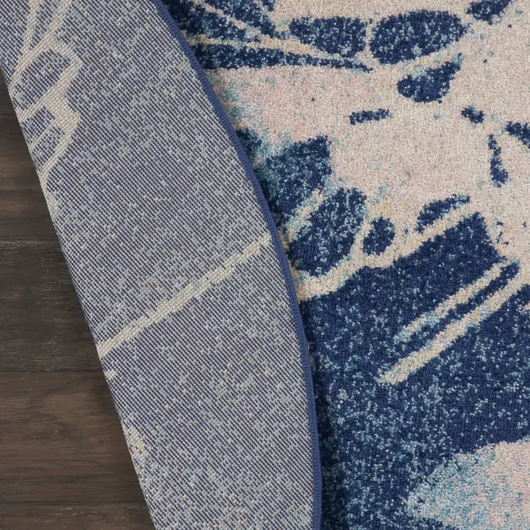 5' Navy Blue and Ivory Floral Round Rug