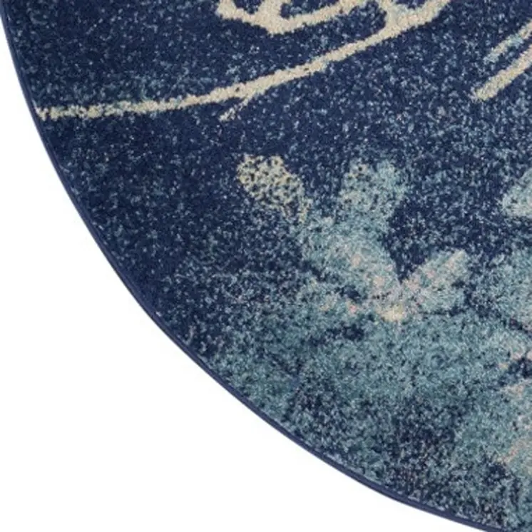 5' Navy Blue and Ivory Floral Round Rug