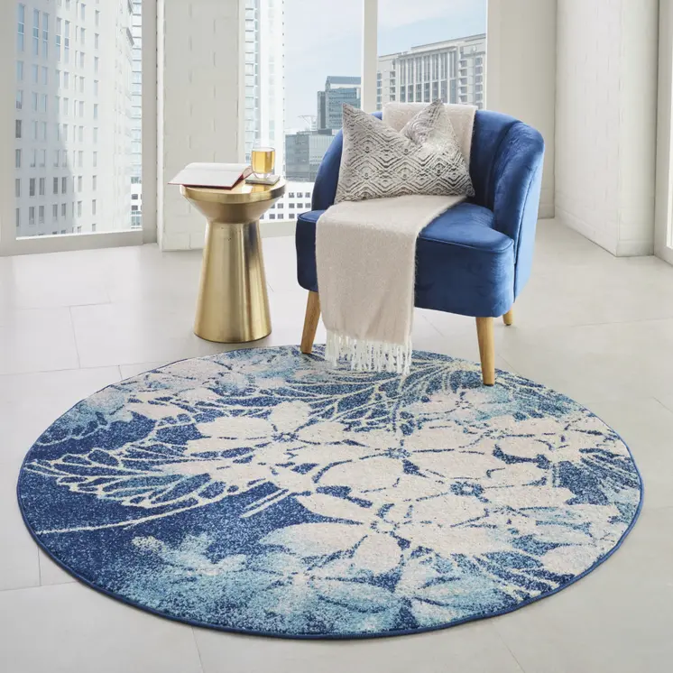 5' Navy Blue and Ivory Floral Round Rug